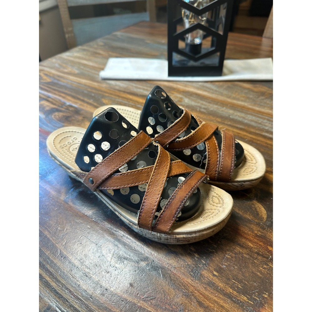 Crocs Brown Leather Criss Cross Cork Wrap Wedge Sandal Lady Size 7 Croc A Leigh